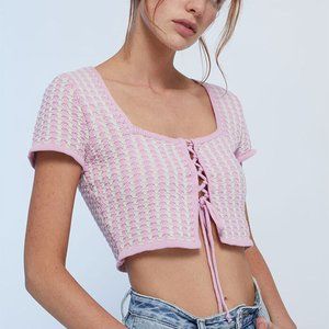 L.A. Hearts Pink/White Crop Crochet Lace-Up Cardigan
